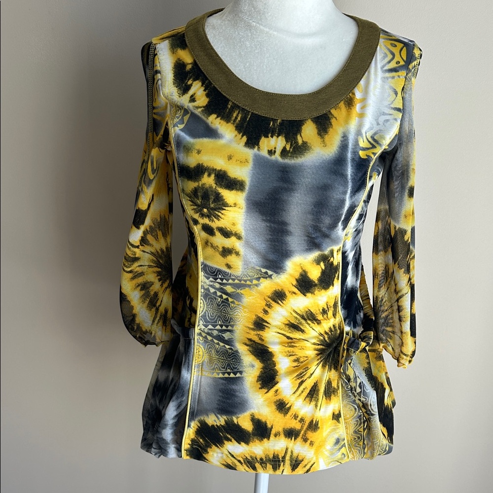 Anac Yellow & Gray Tie-Dye 3/4  Sleeve Side-Tie Top
